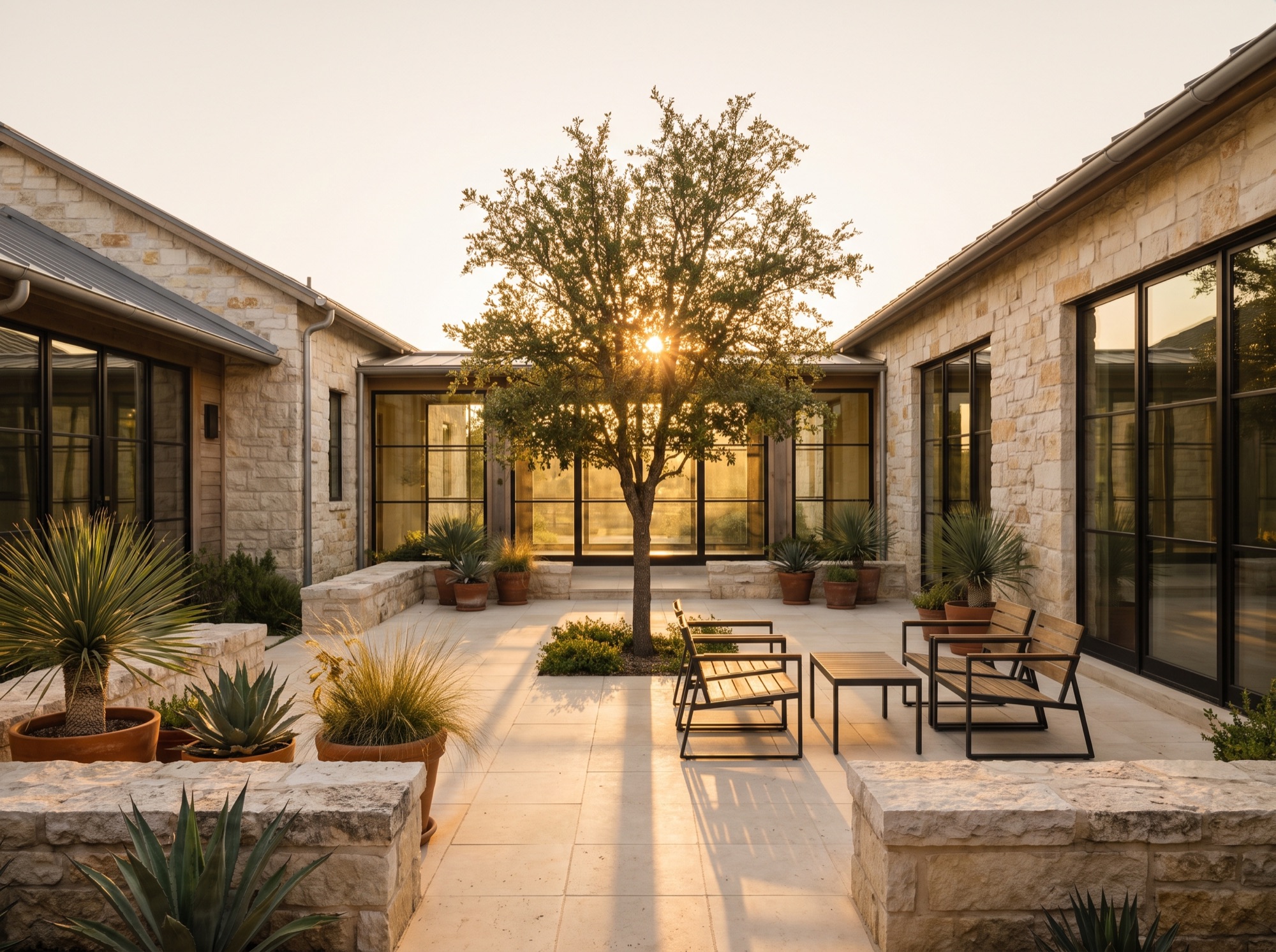 Stone courtyard with flagstone pavers, a live oak, and built-in planters of agave and ornamental grasses between two wings of a limestone home in Waco, Texas