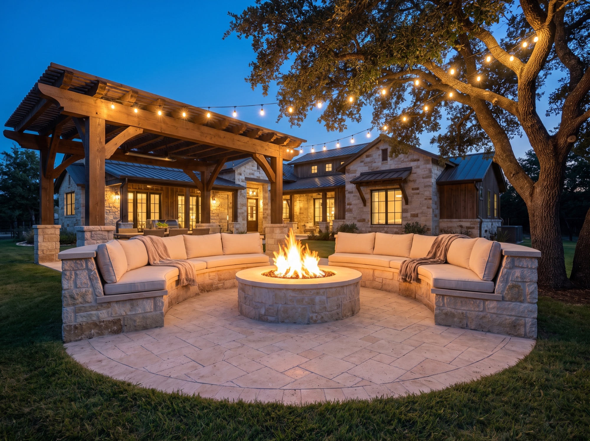 Outdoor fire pit lounge area with built-in seating, Central Texas