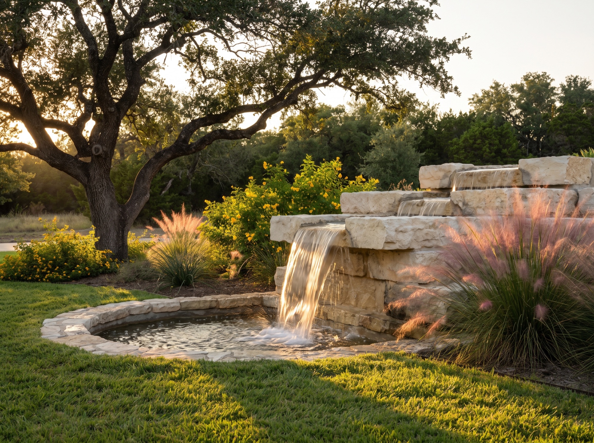 Stone water feature in a Central Texas backyard design