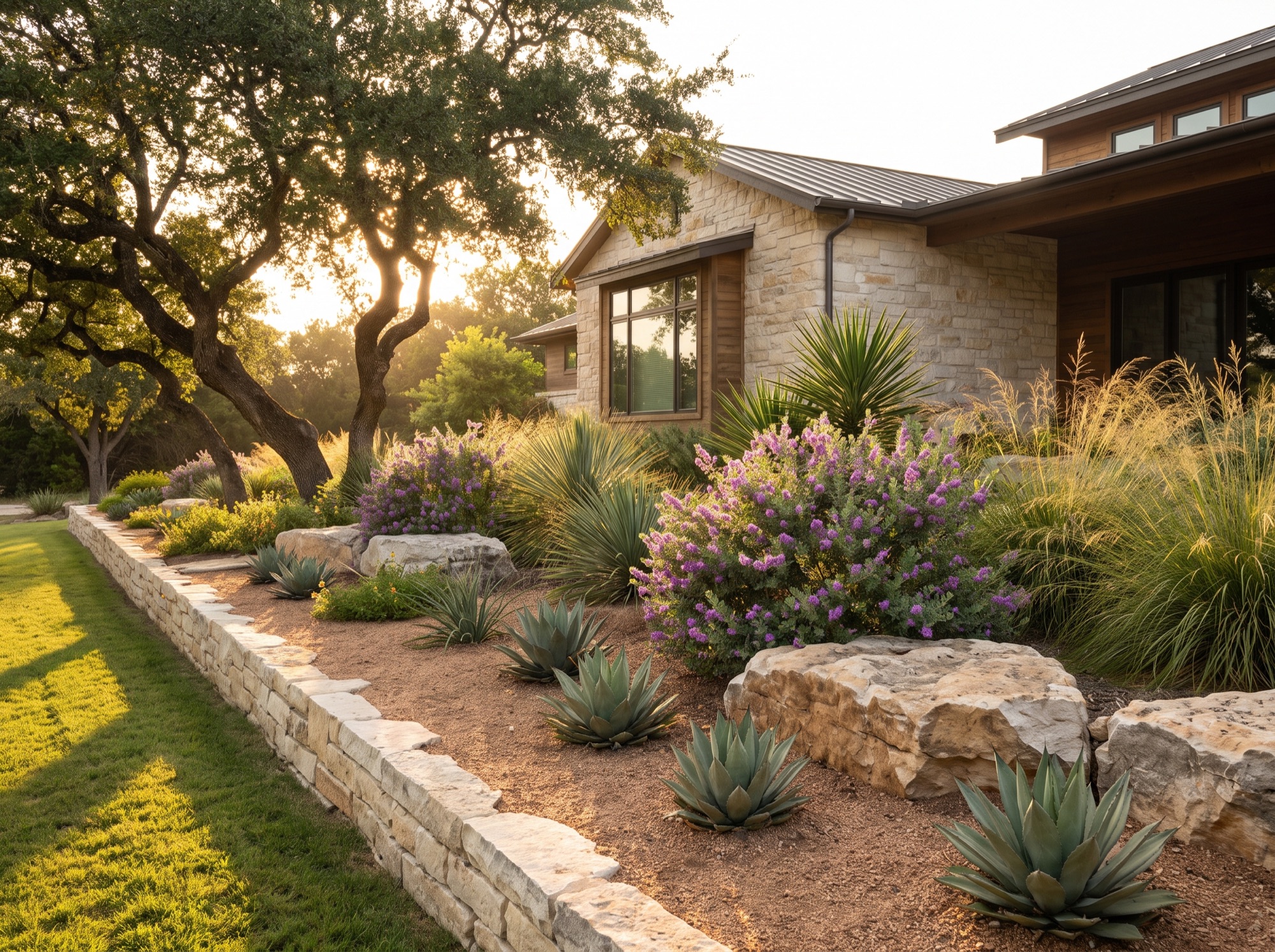 Low-water xeriscape planting bed with native Texas plants