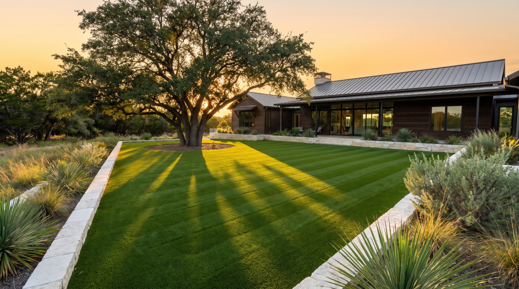 Crisp artificial turf lawn in front of a new Central Texas home near Lorena