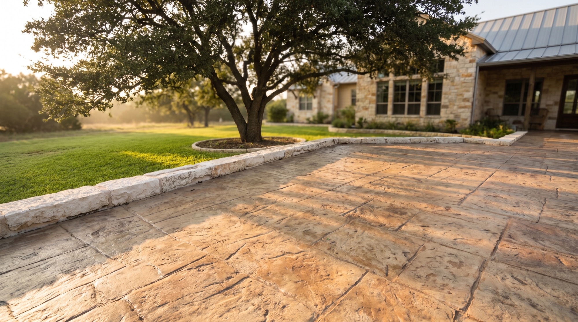 Detail of a stamped concrete patio with a stone-look finish in Central Texas