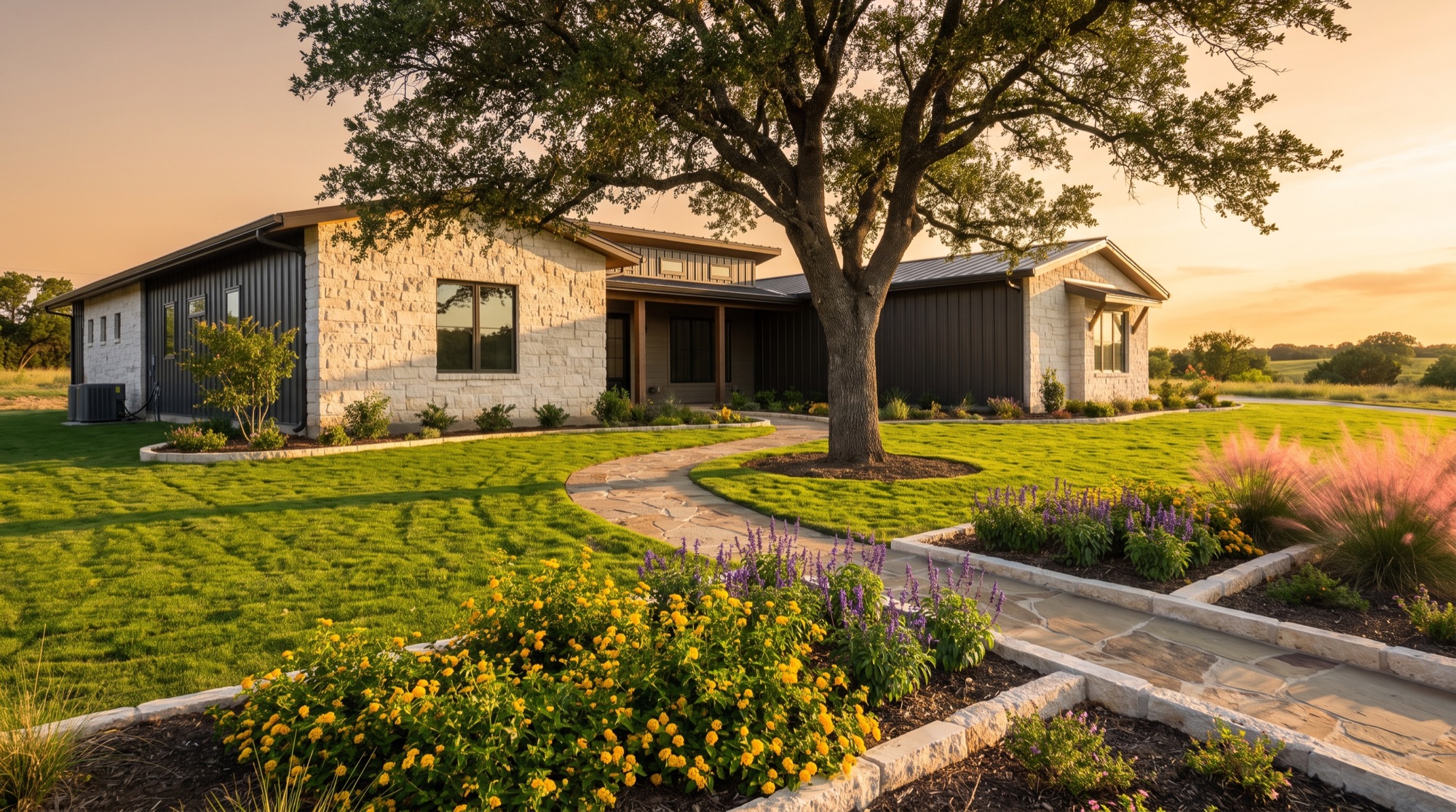Newly landscaped front yard with a ranch-modern home, typical of a new-construction lot in Hewitt, Texas