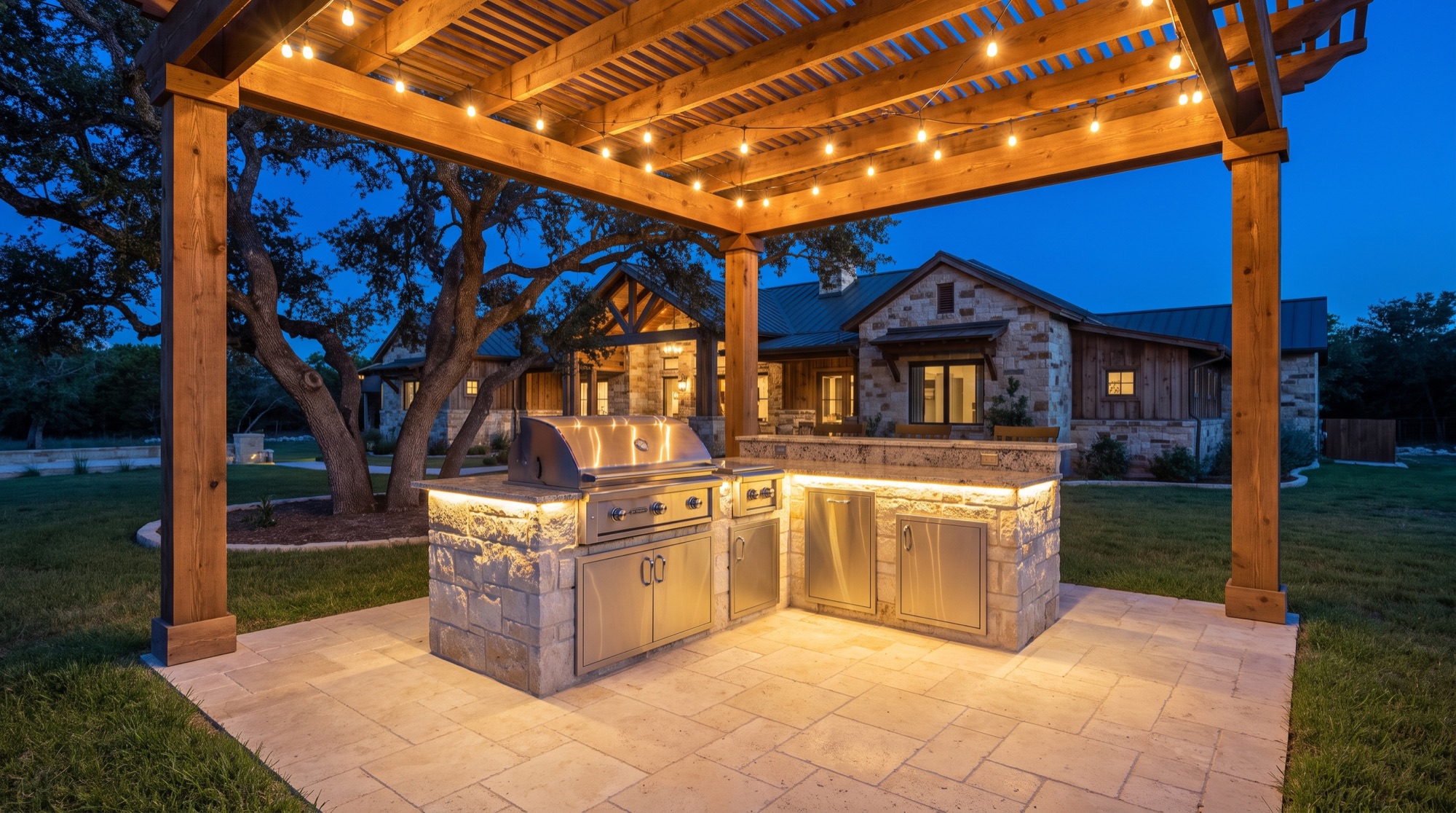Outdoor kitchen with stone island and evening lighting in a Waco backyard