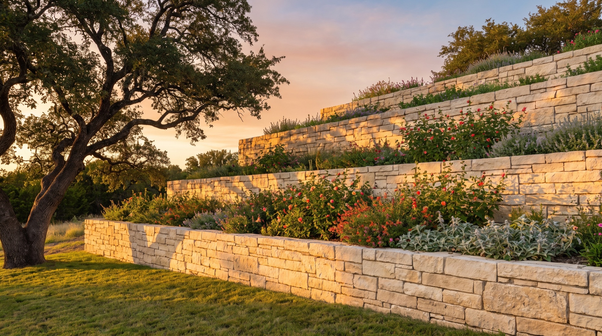 Tiered limestone retaining wall on a sloped Central Texas lot