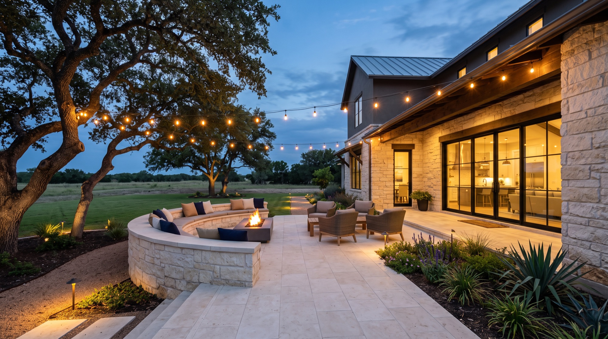 Luxury backyard stone patio with string lighting and a mature live oak at dusk in Waco, Texas