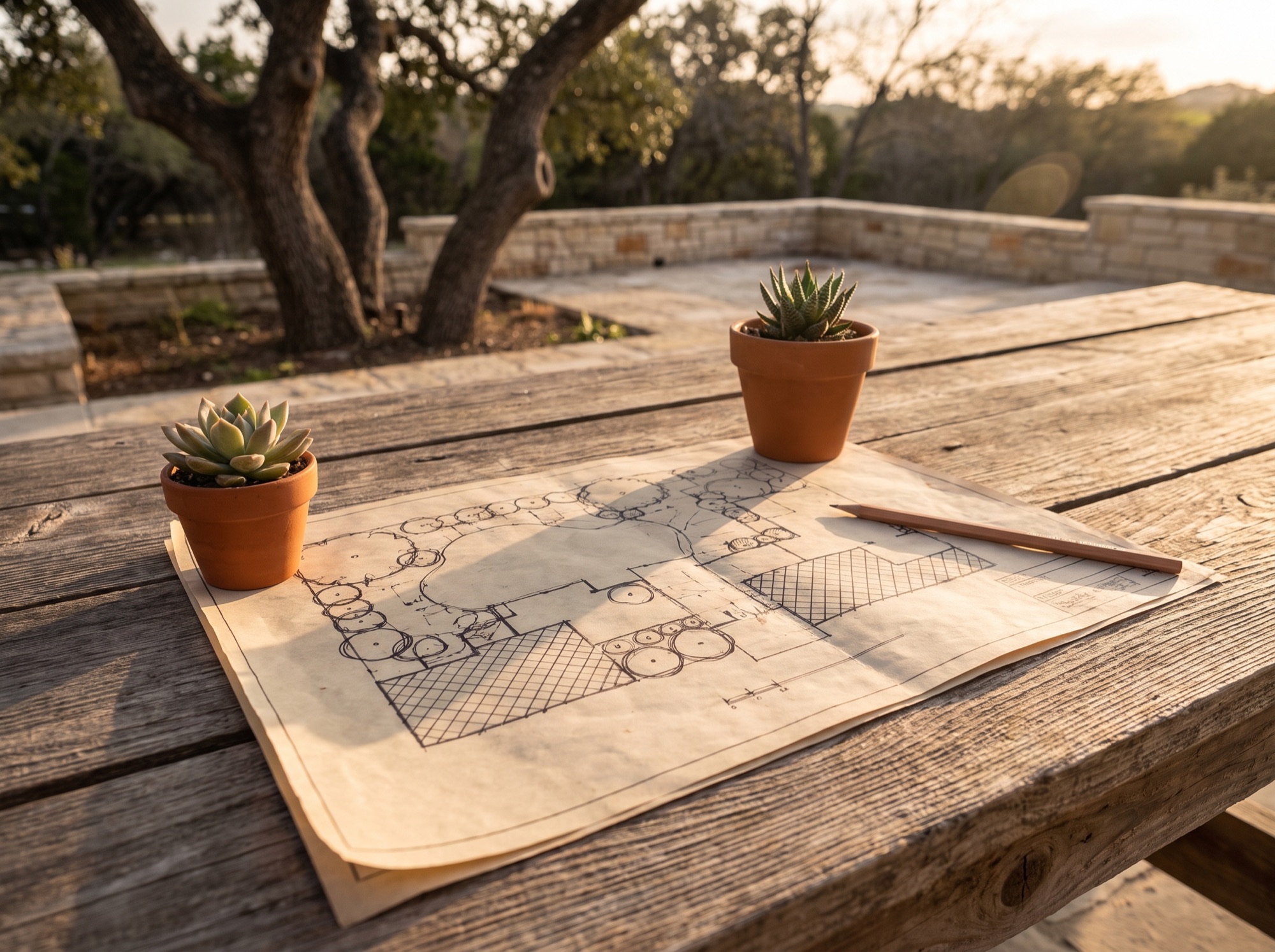 Hand-drawn landscape design plan on a table with sample plant tags for a Waco project
