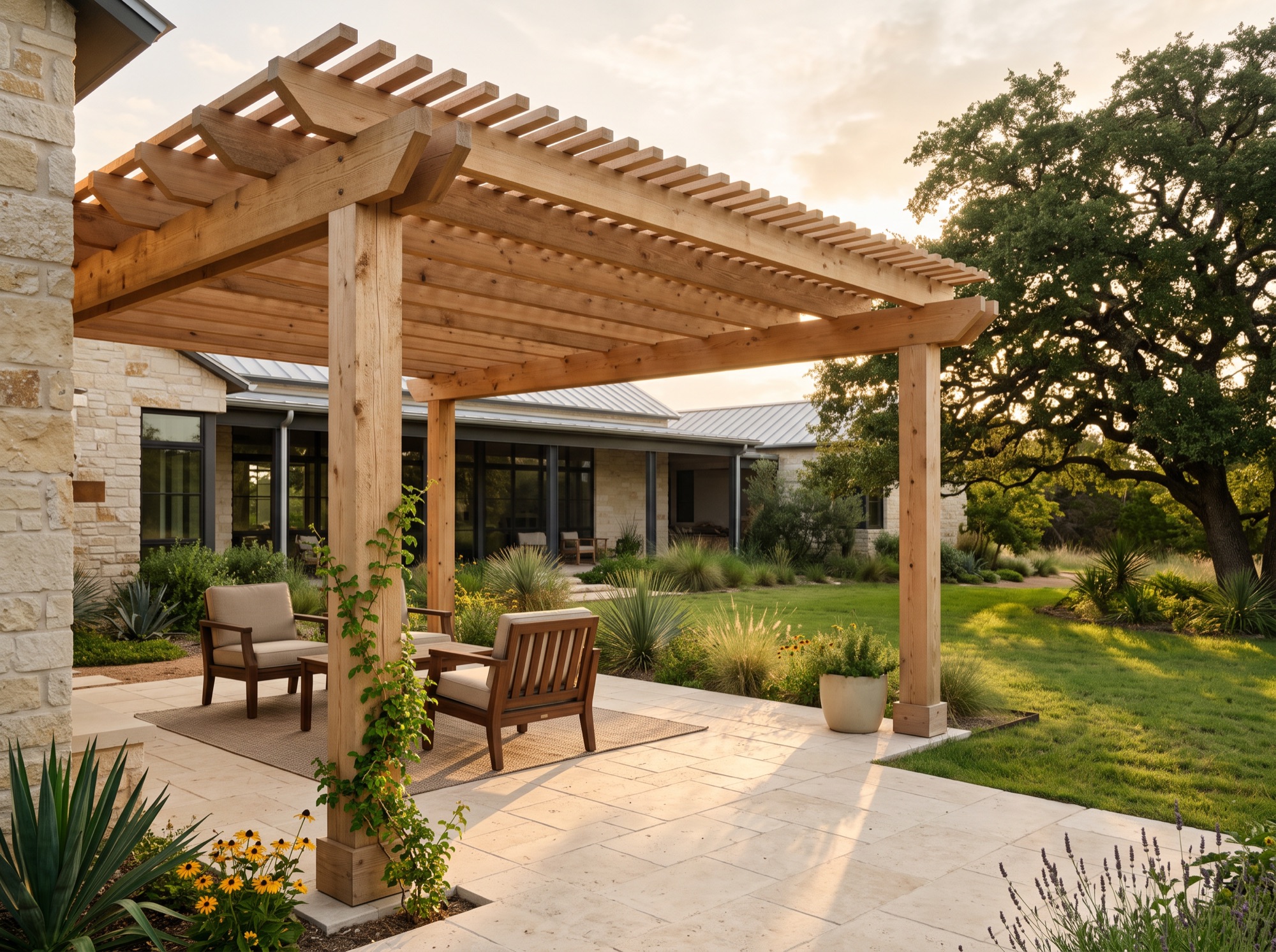 Cedar pergola over a stone patio on a ranch-style Central Texas property near Crawford