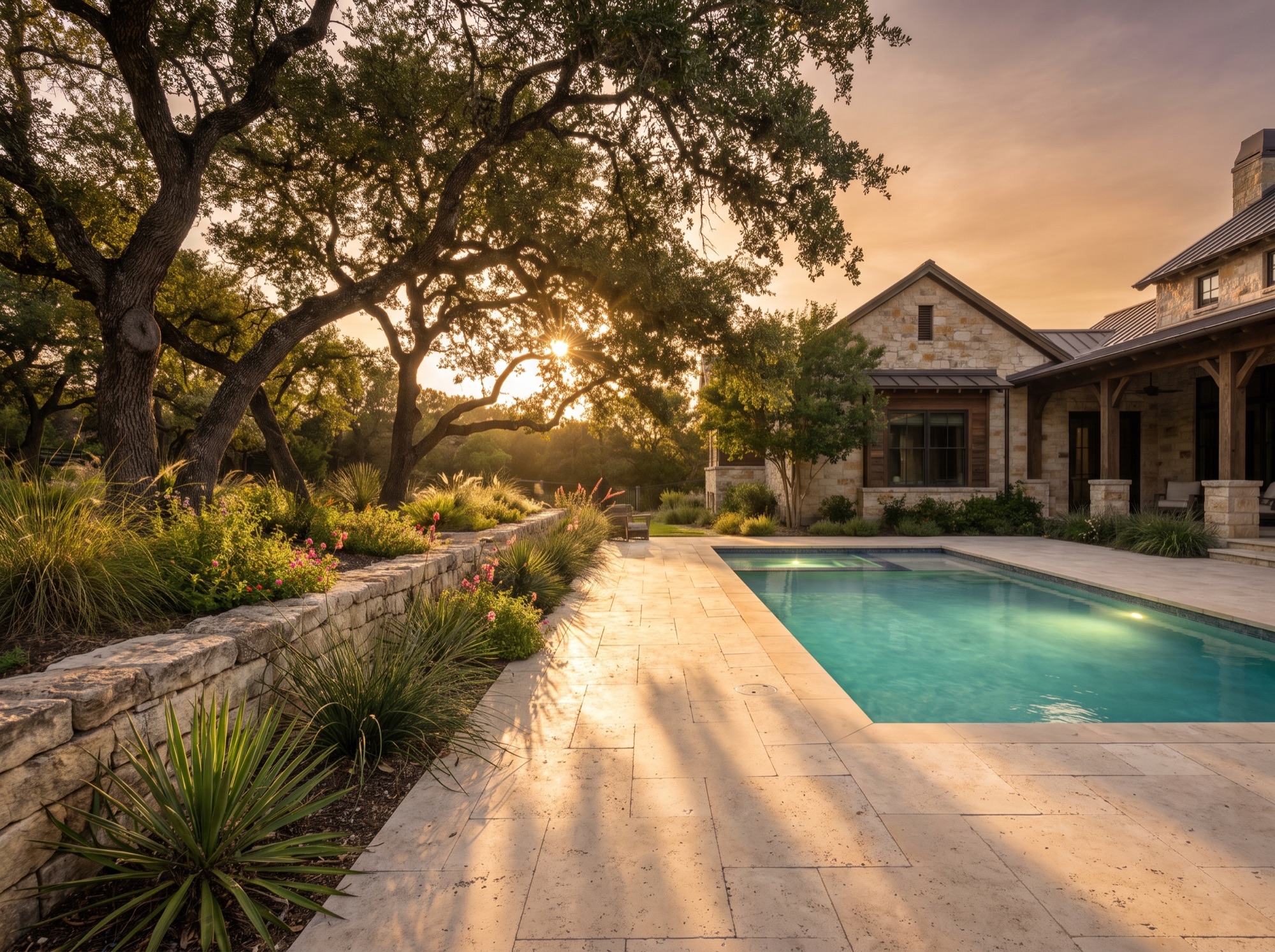 Stamped concrete pool deck and stone coping surrounding an in-ground pool at a Central Texas home