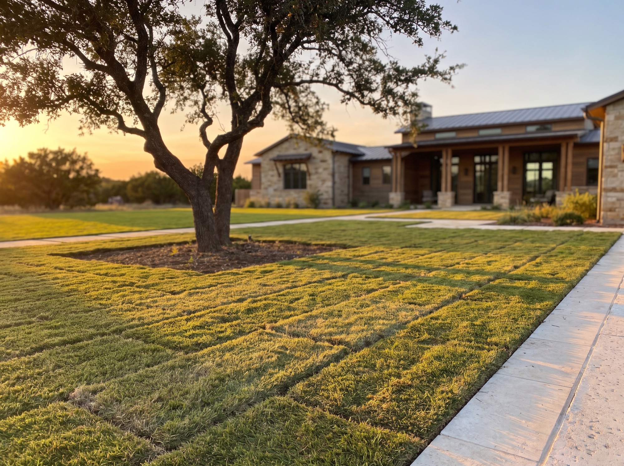 Fresh sod installation on a new-construction lot in Central Texas